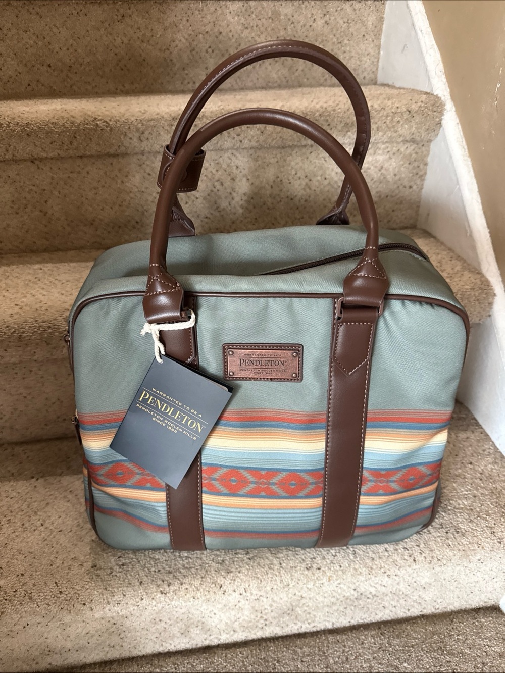 Pendleton Sage Canvas Duffel with Brown Leather Trim and Southwestern Stripes